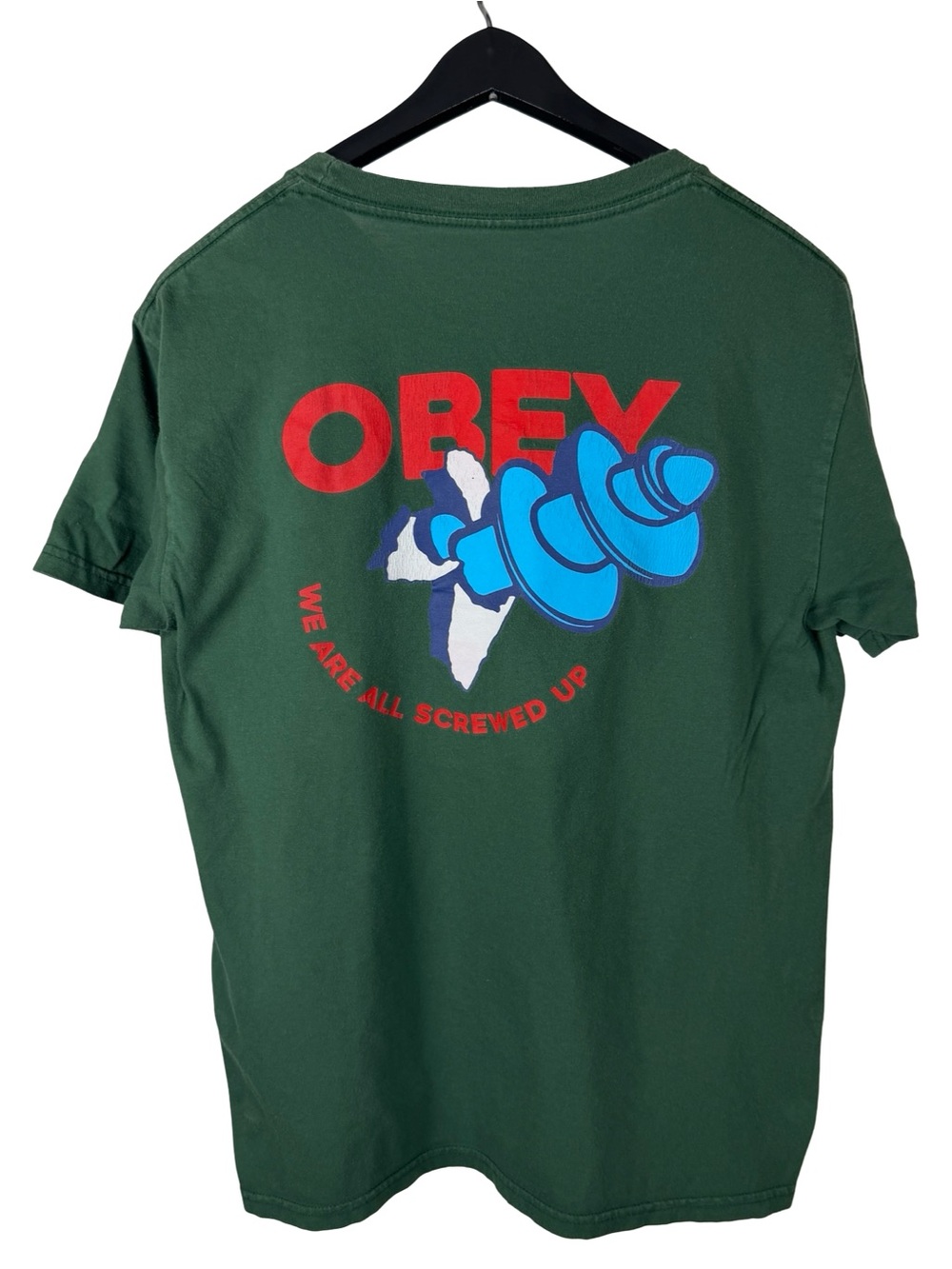 Mens Y2K Obey Worldwide All Screwed Up Skateboard Green Logo Shirt Size M